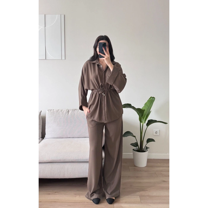 Luna Beli Büzgülü Rahat Kesim İkili Takım - KAHVE