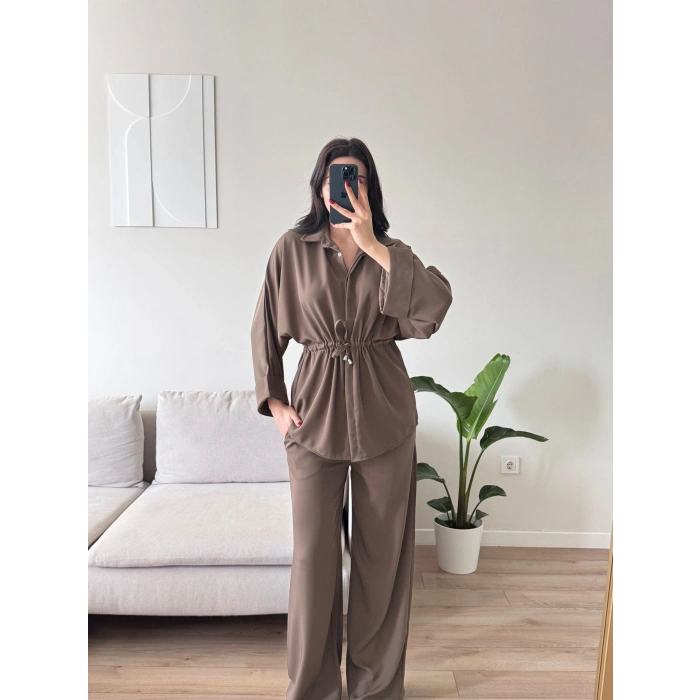 Luna Beli Büzgülü Rahat Kesim İkili Takım - KAHVE