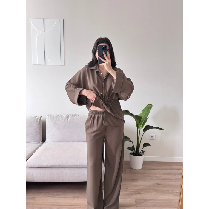 Luna Beli Büzgülü Rahat Kesim İkili Takım - KAHVE