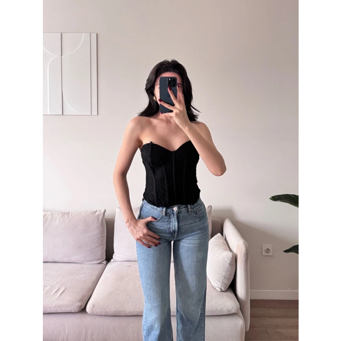 Dantel İşlemeli Bel Korse Büstiyer - SİYAH