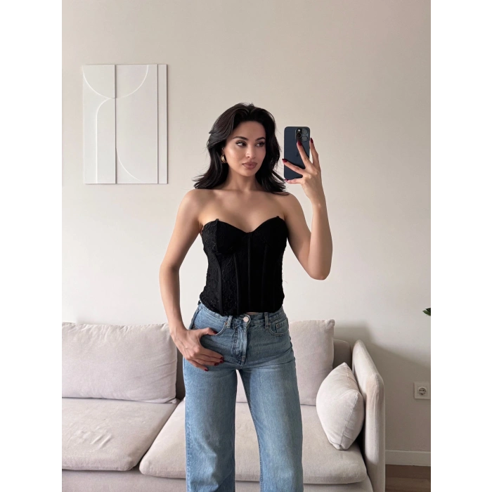 Dantel İşlemeli Bel Korse Büstiyer - SİYAH