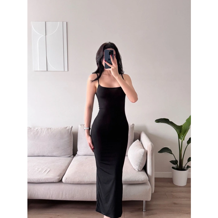 İnce Askılı Uzun Bodycon Elbise - SİYAH