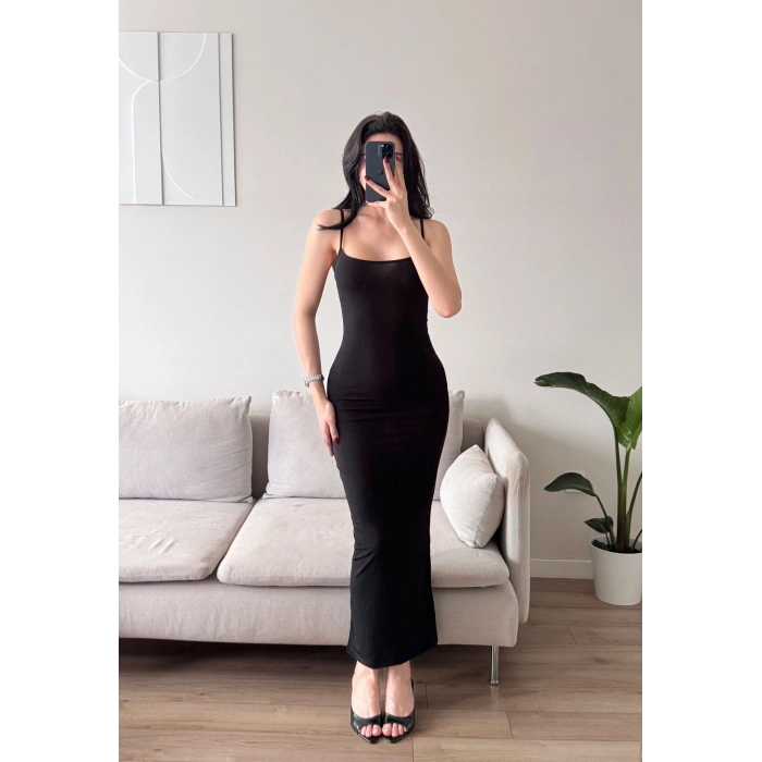 İnce Askılı Uzun Bodycon Elbise - SİYAH