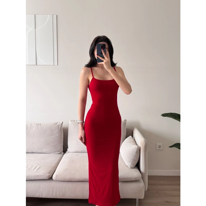 İnce Askılı Uzun Bodycon Elbise - KIRMIZI