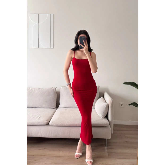 İnce Askılı Uzun Bodycon Elbise - KIRMIZI