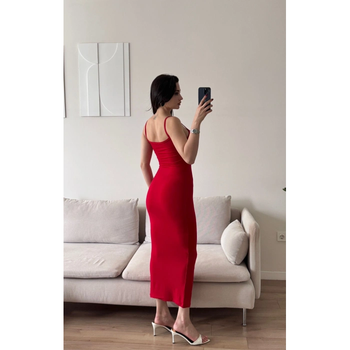İnce Askılı Uzun Bodycon Elbise - KIRMIZI