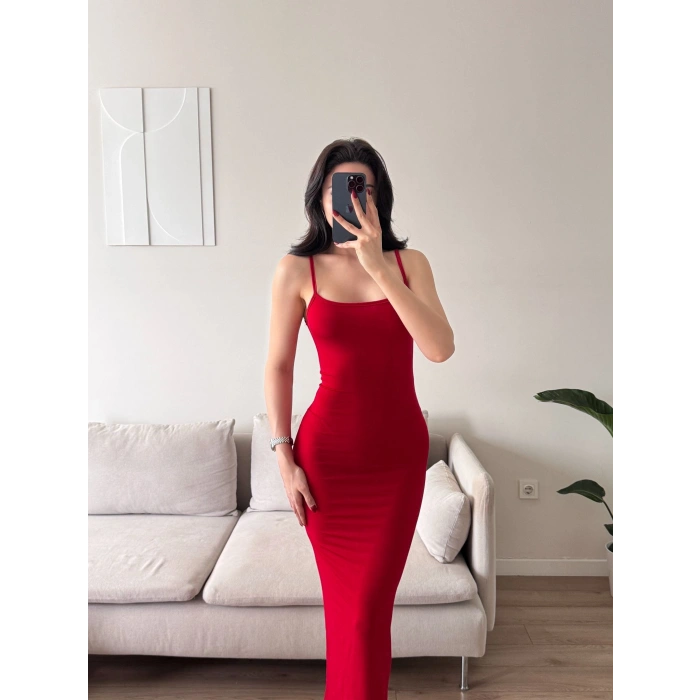 İnce Askılı Uzun Bodycon Elbise - KIRMIZI