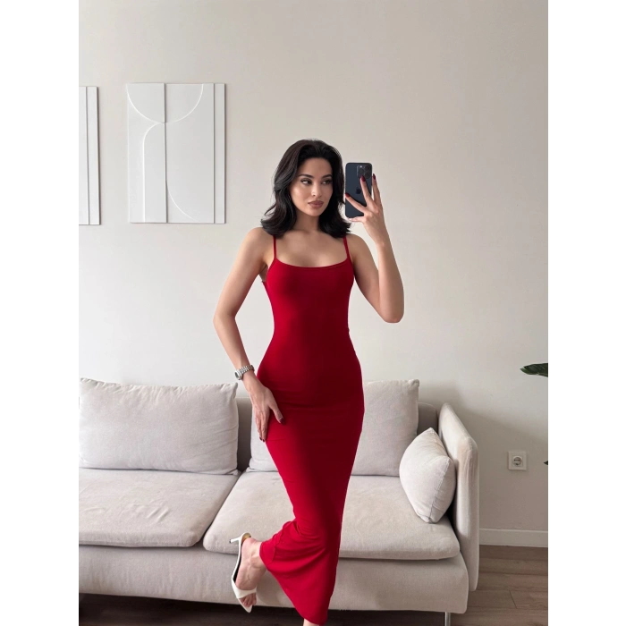 İnce Askılı Uzun Bodycon Elbise - KIRMIZI