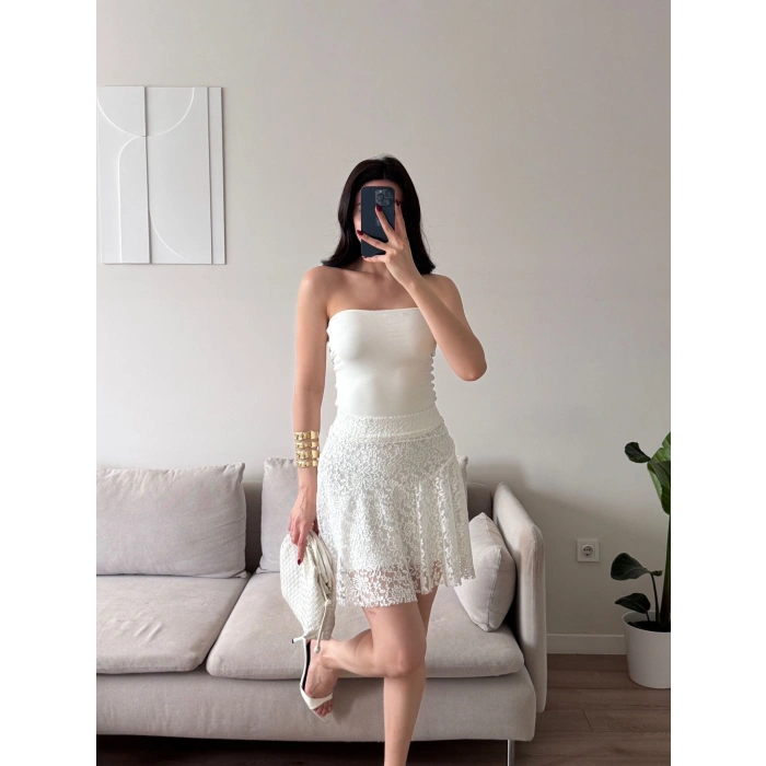 Dantel Volanlı Mini Etek - BEYAZ