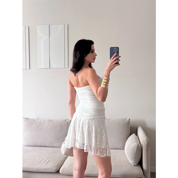 Dantel Volanlı Mini Etek - BEYAZ