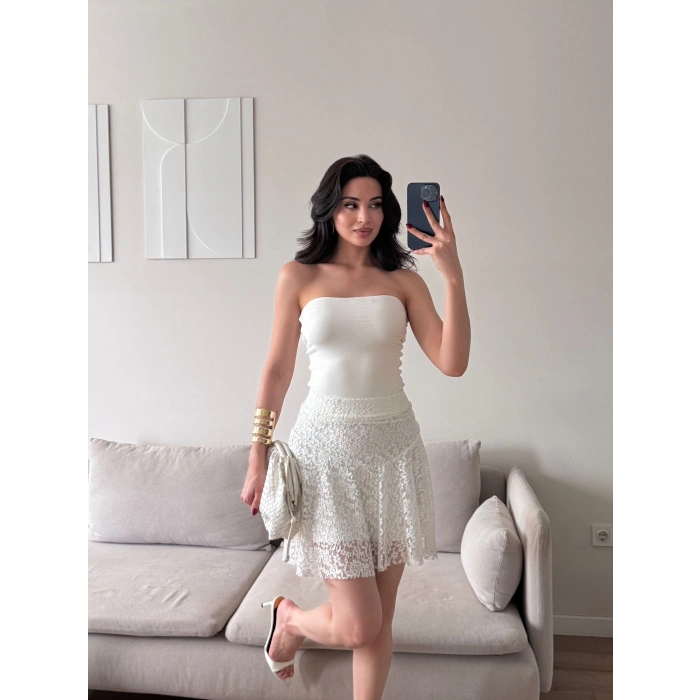 Dantel Volanlı Mini Etek - BEYAZ