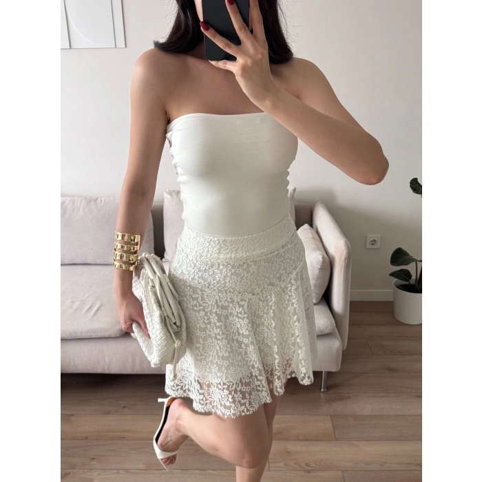 Dantel Volanlı Mini Etek - BEYAZ