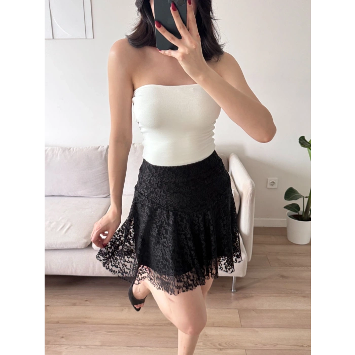 Dantel Volanlı Mini Etek - SİYAH
