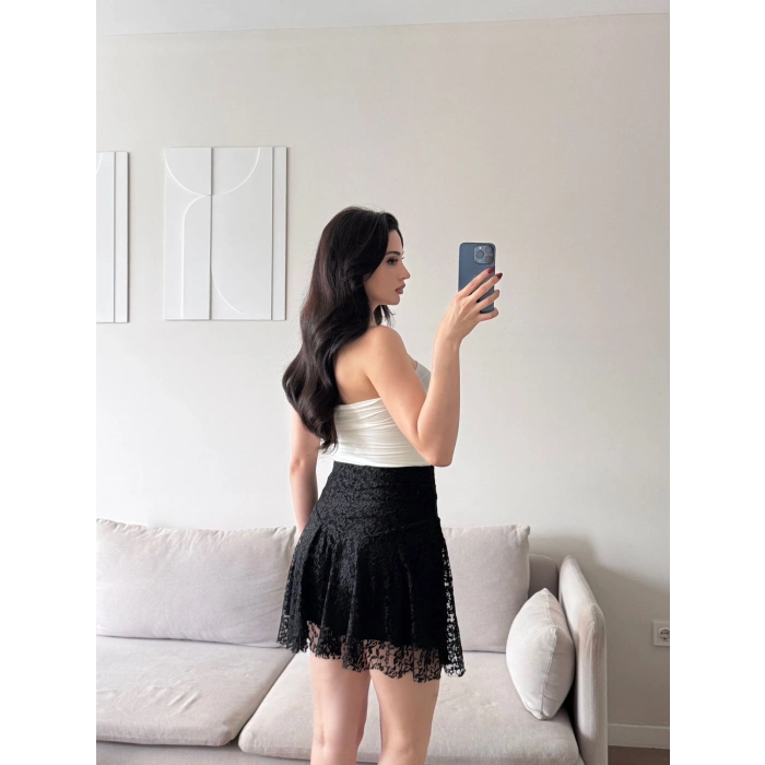 Dantel Volanlı Mini Etek - SİYAH