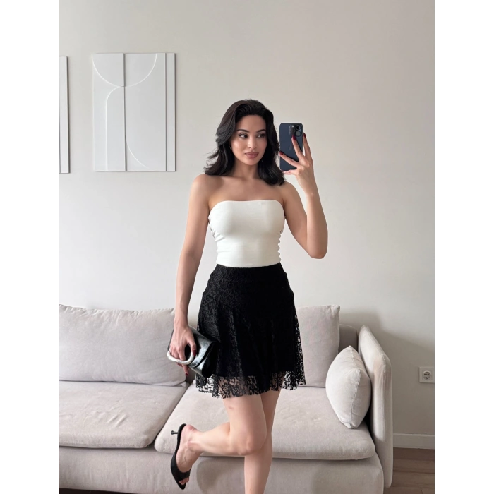 Dantel Volanlı Mini Etek - SİYAH