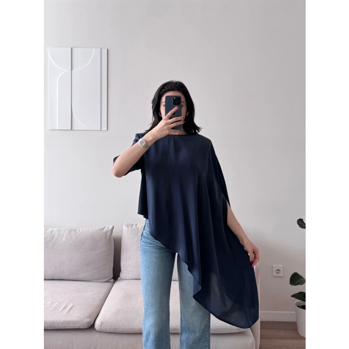 Oversize Asimetrik Yazlık Panço Bluz- LACİVERT