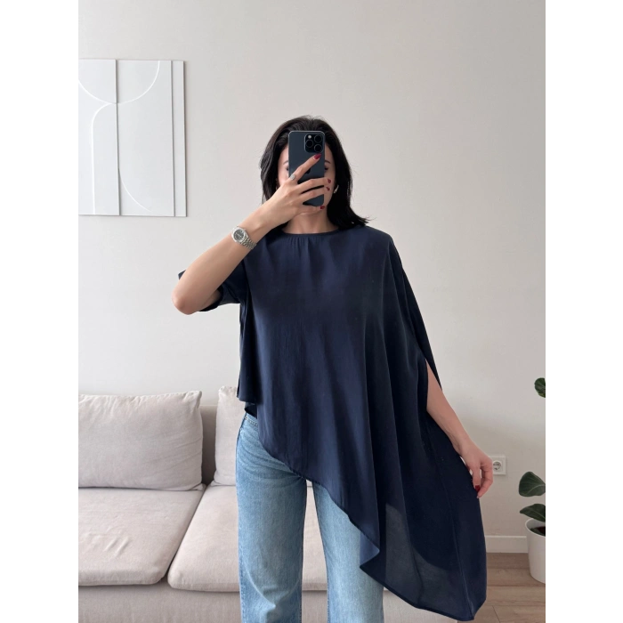 Oversize Asimetrik Yazlık Panço Bluz- LACİVERT