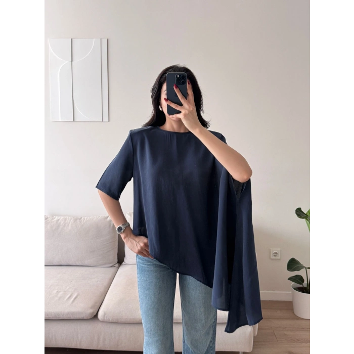 Oversize Asimetrik Yazlık Panço Bluz- LACİVERT