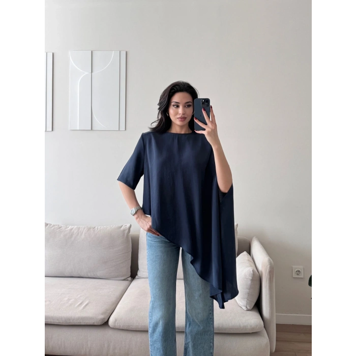 Oversize Asimetrik Yazlık Panço Bluz- LACİVERT