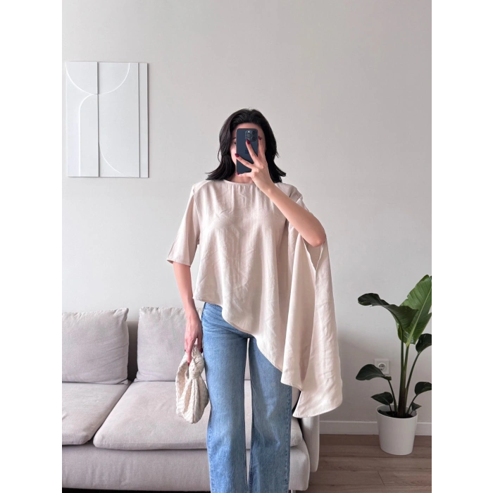 Oversize Asimetrik Yazlık Panço Bluz - BEJ