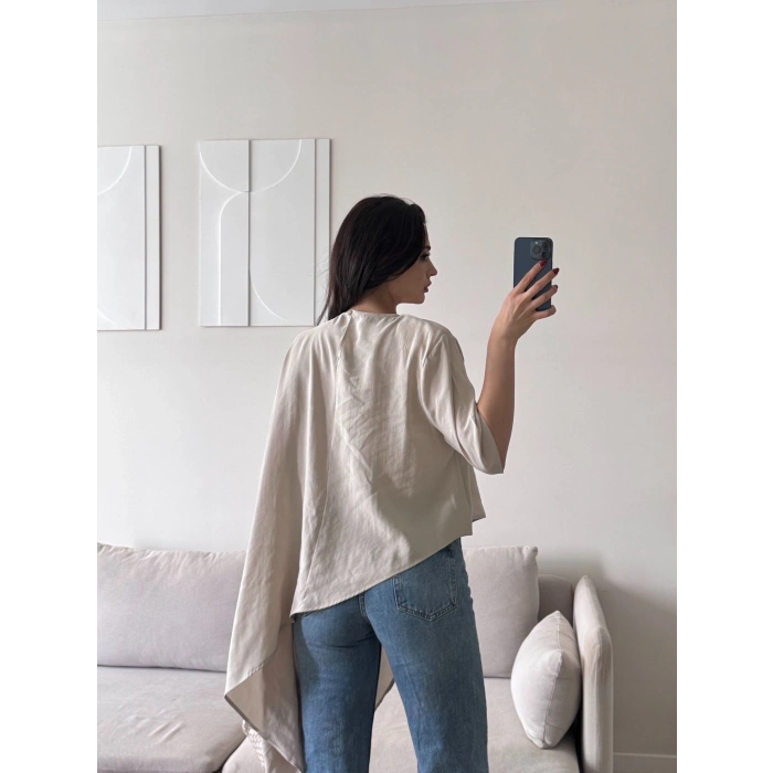 Oversize Asimetrik Yazlık Panço Bluz - BEJ