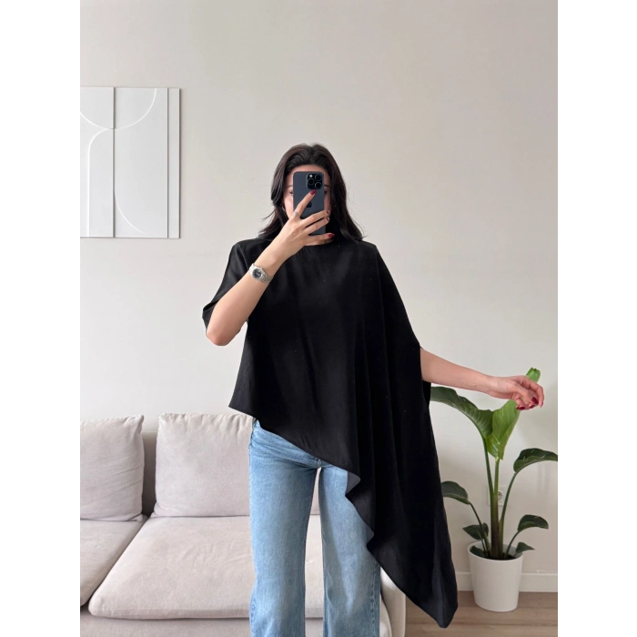 Oversize Asimetrik Yazlık Panço Bluz - SİYAH