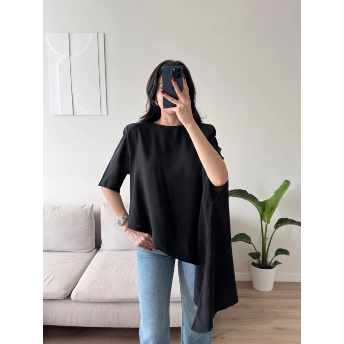 Oversize Asimetrik Yazlık Panço Bluz - SİYAH