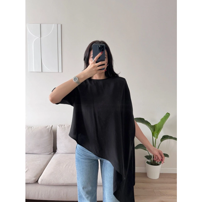 Oversize Asimetrik Yazlık Panço Bluz - SİYAH