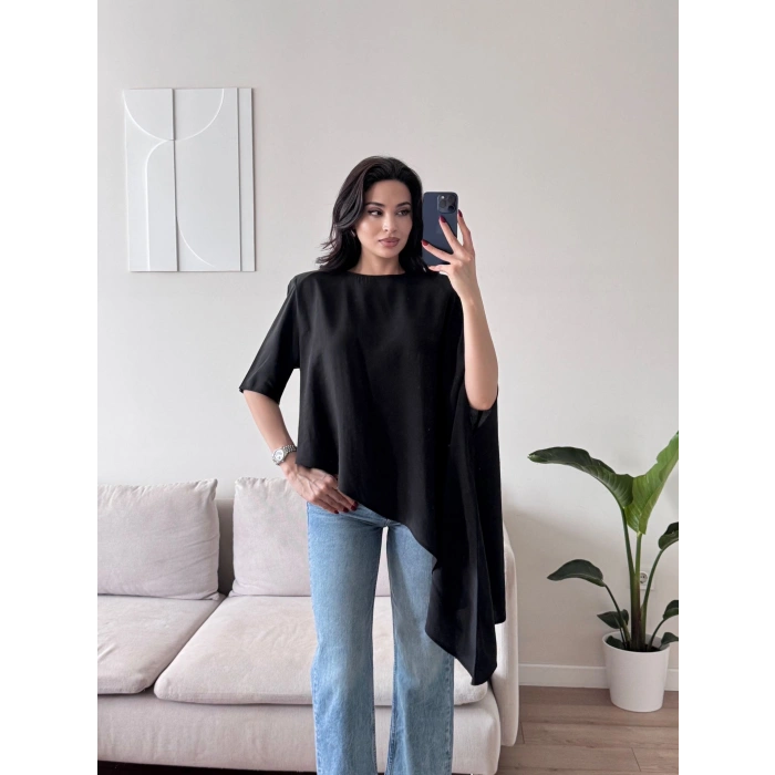 Oversize Asimetrik Yazlık Panço Bluz - SİYAH