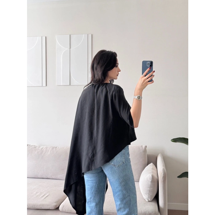 Oversize Asimetrik Yazlık Panço Bluz - SİYAH