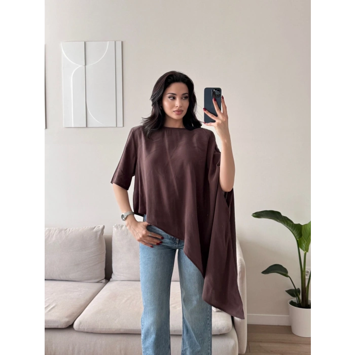 Oversize Asimetrik Yazlık Panço Bluz - KAHVE