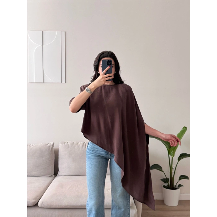 Oversize Asimetrik Yazlık Panço Bluz - KAHVE