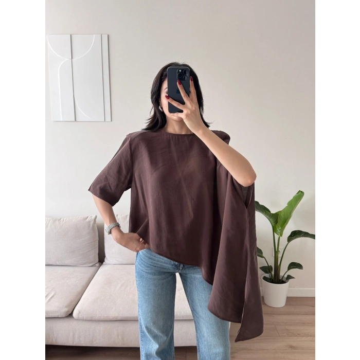 Oversize Asimetrik Yazlık Panço Bluz - KAHVE