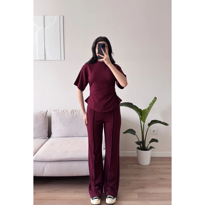 Peplum Kesim Üst Bol Paça Pantolon İkili Takım - BORDO