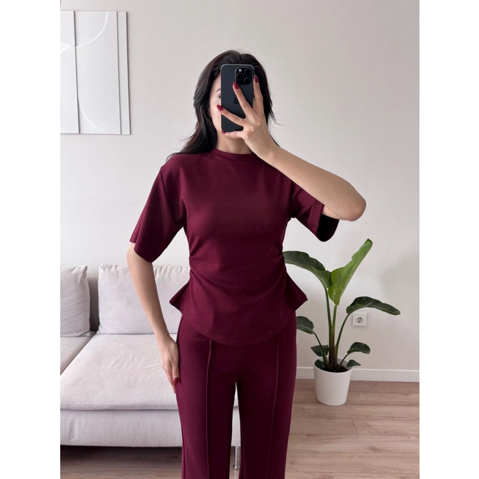 Peplum Kesim Üst Bol Paça Pantolon İkili Takım - BORDO