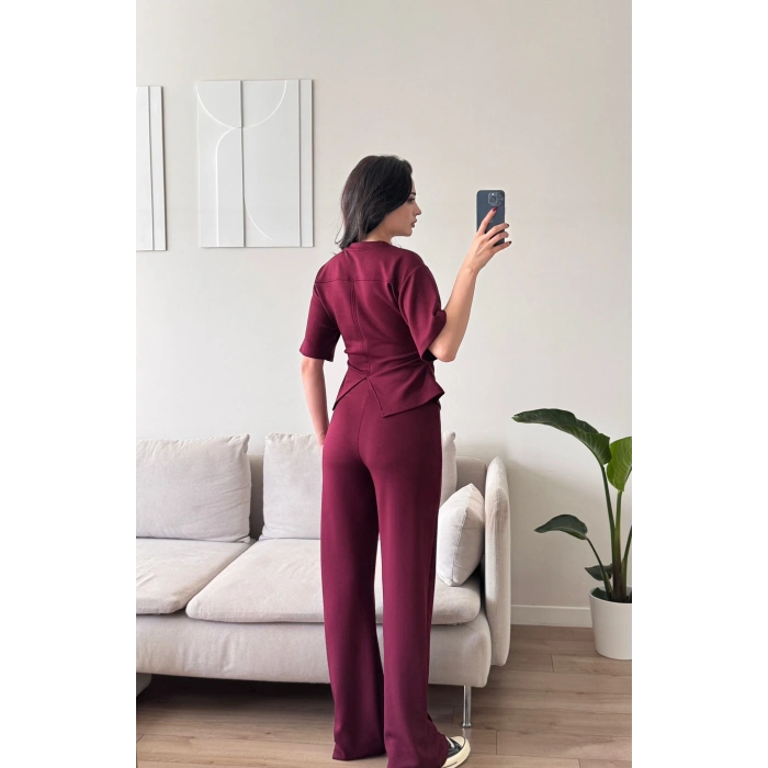 Peplum Kesim Üst Bol Paça Pantolon İkili Takım - BORDO