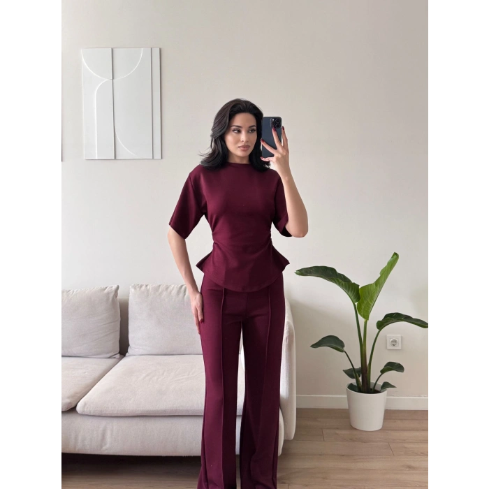 Peplum Kesim Üst Bol Paça Pantolon İkili Takım - BORDO