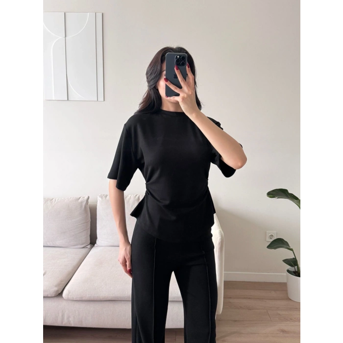 Peplum Kesim Üst Bol Paça Pantolon İkili Takım - SİYAH