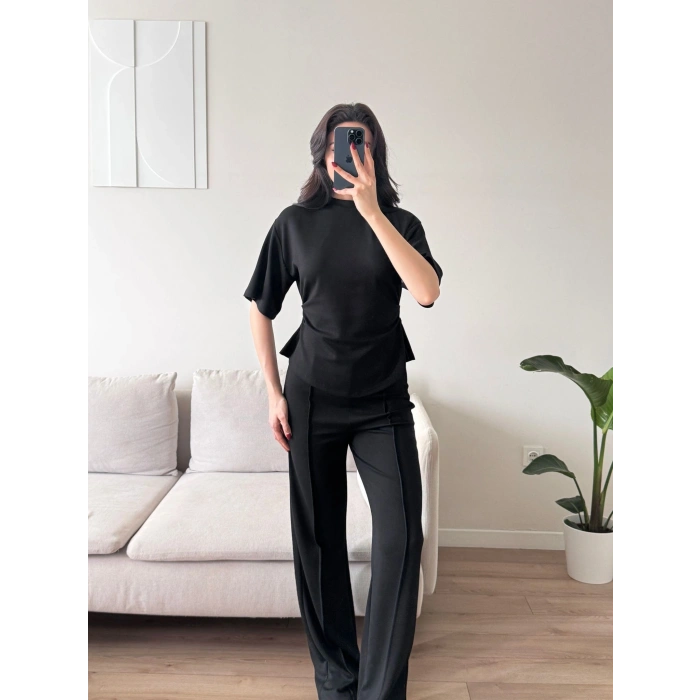 Peplum Kesim Üst Bol Paça Pantolon İkili Takım - SİYAH