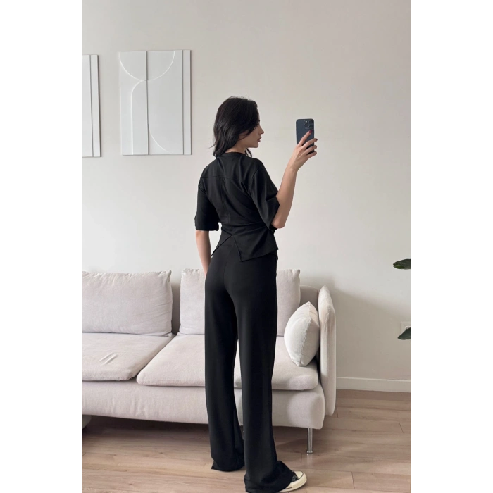 Peplum Kesim Üst Bol Paça Pantolon İkili Takım - SİYAH