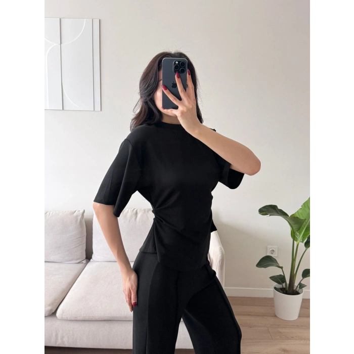 Peplum Kesim Üst Bol Paça Pantolon İkili Takım - SİYAH