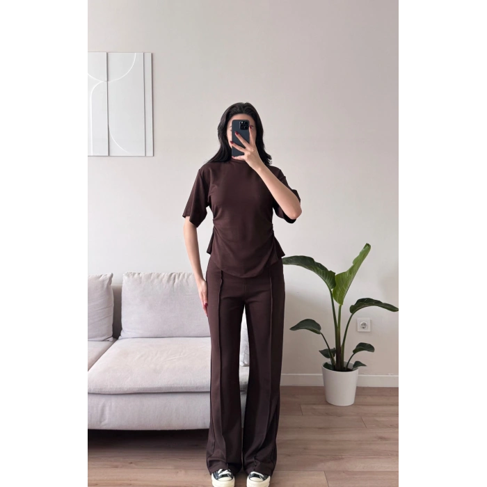 Peplum Kesim Üst Bol Paça Pantolon İkili Takım - KAHVE