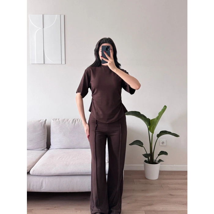 Peplum Kesim Üst Bol Paça Pantolon İkili Takım - KAHVE