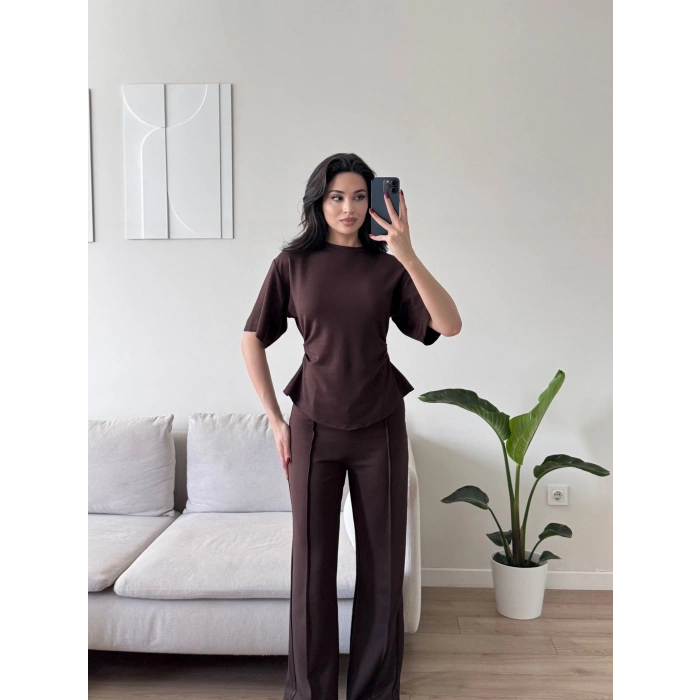 Peplum Kesim Üst Bol Paça Pantolon İkili Takım - KAHVE