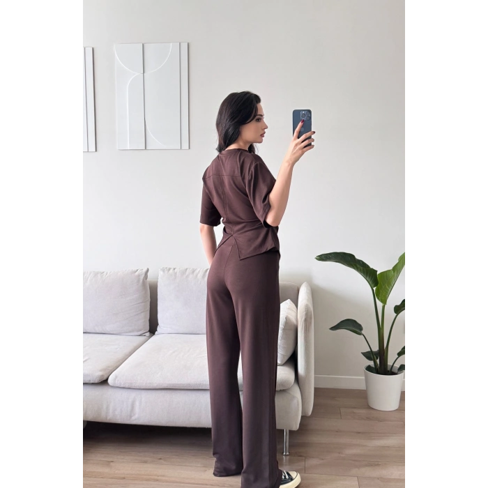 Peplum Kesim Üst Bol Paça Pantolon İkili Takım - KAHVE