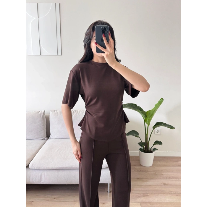 Peplum Kesim Üst Bol Paça Pantolon İkili Takım - KAHVE