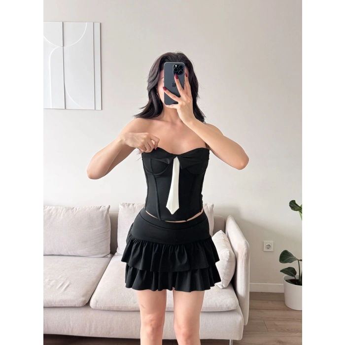 Kravat Detay Straplez Mini Elbise - SİYAH