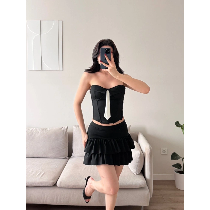 Kravat Detay Straplez Mini Elbise - SİYAH