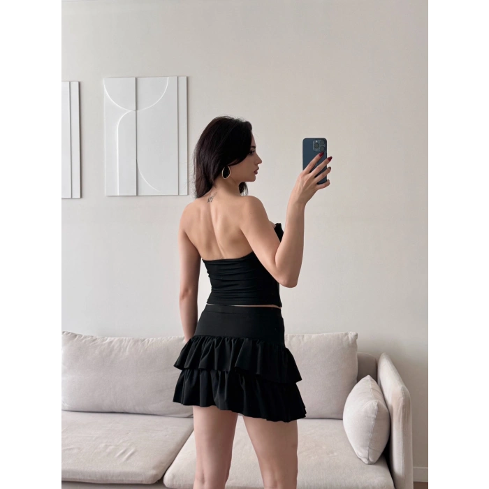 Kravat Detay Straplez Mini Elbise - SİYAH