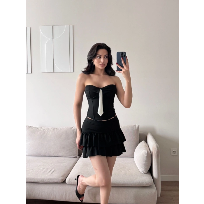 Kravat Detay Straplez Mini Elbise - SİYAH